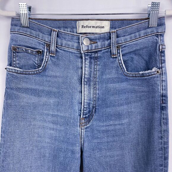 Reformation Jeans Size 27 Blue Denim High & Skinny Rhine Wash Distressed Biker - Picture 3 of 16